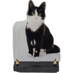 Plaque Funéraire découpée en forme de chat noir et blanc (21x16cm)