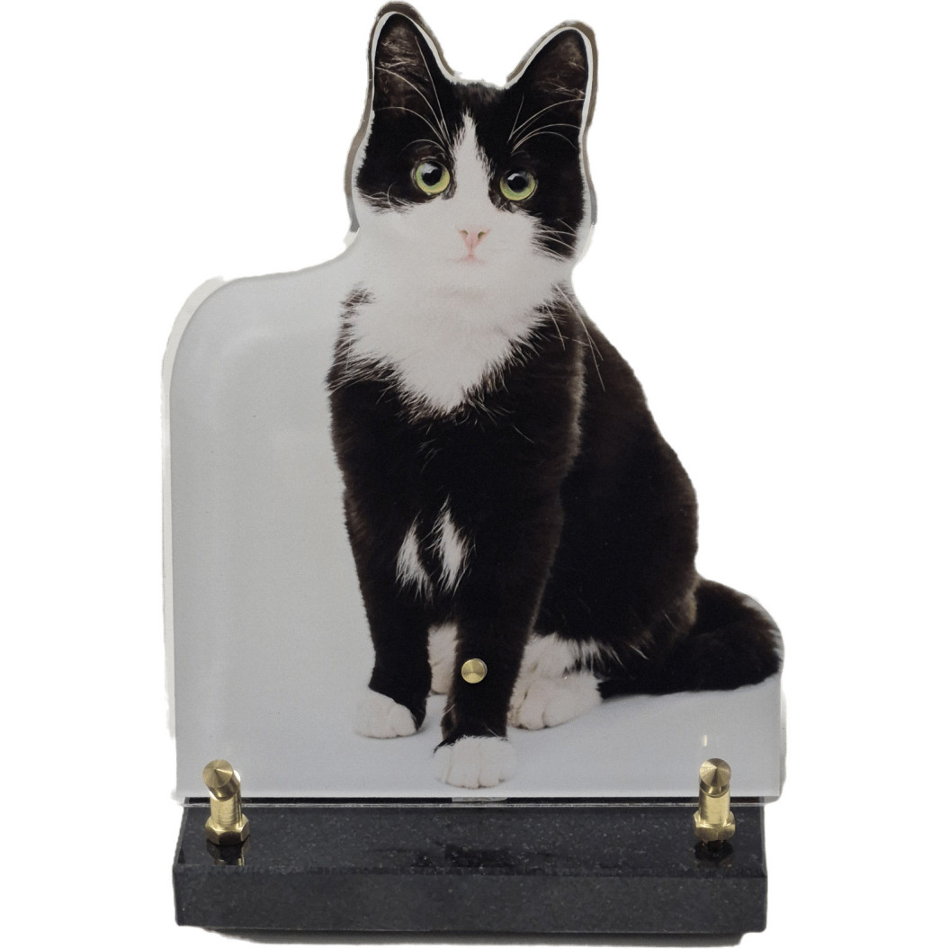 Plaque Funéraire découpée en forme de chat noir et blanc (21x16cm)