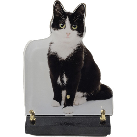 Plaque Funéraire découpée en forme de chat noir et blanc (21x16cm)