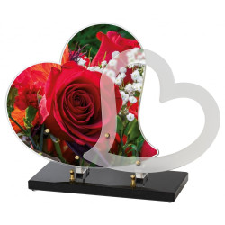 Plaque Funéraire Double Cœurs découpés avec rose rouge en Plexiglass (45x31cm)