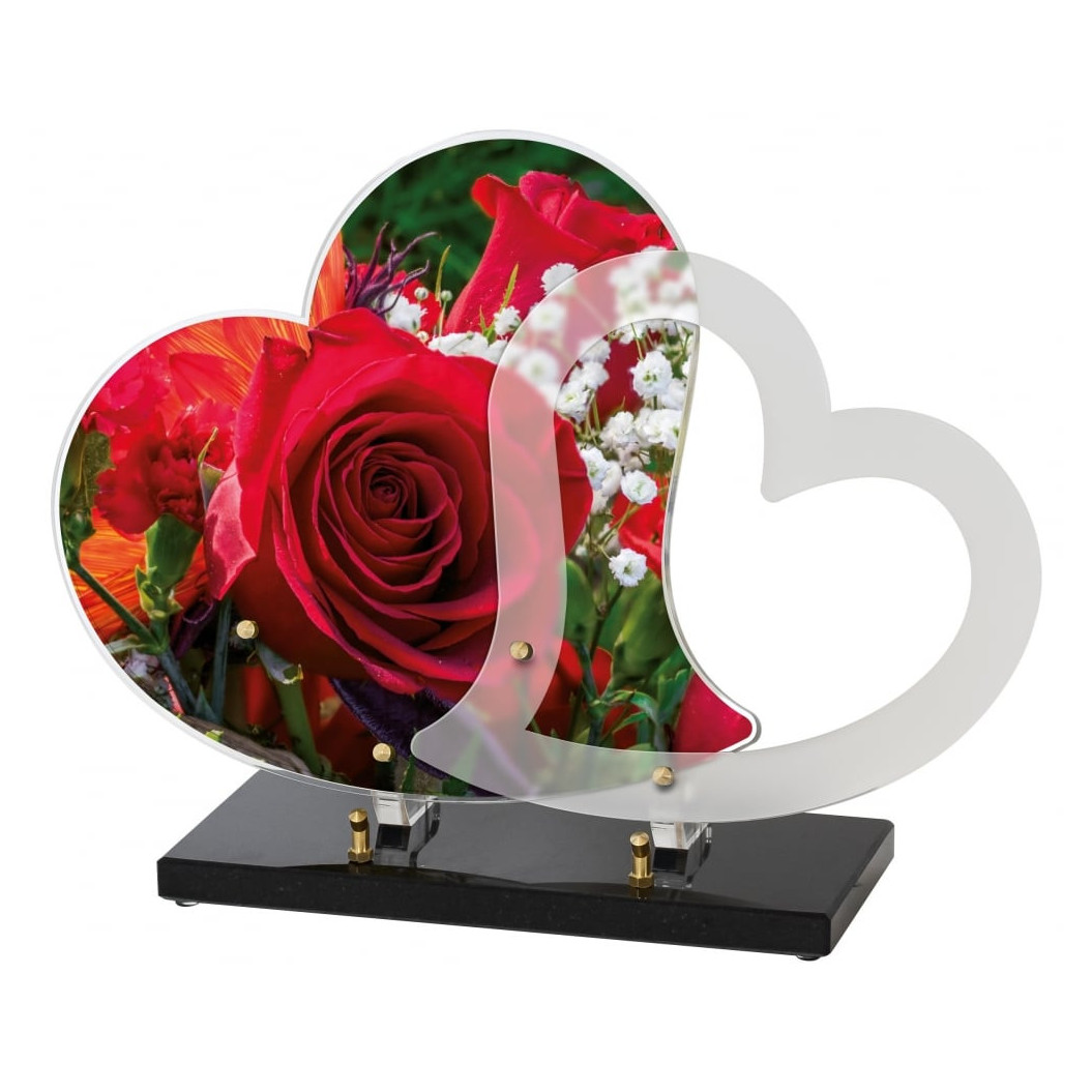 Plaque Funéraire Double Cœurs découpés avec rose rouge en Plexiglass (45x31cm)