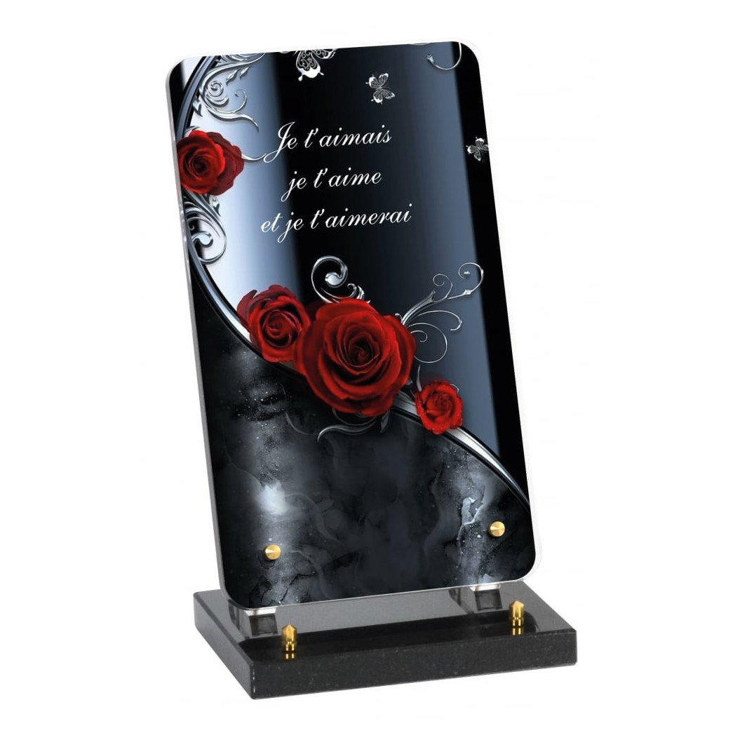 Plaque Funéraire Plexiglass Je t’aimais, je t’aime et je t’aimerai avec rose rouge en Plexiglass (18x30cm)