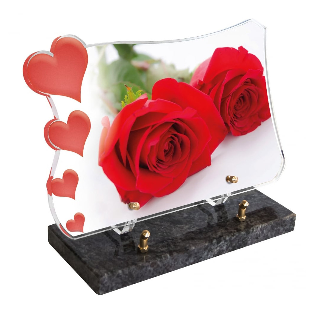 Plaque Funéraire Plexiglass Roses et Cœurs rouge (30x20cm)