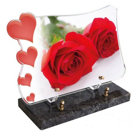 Plaque Funéraire Plexiglass Roses et Cœurs rouge (30x20cm)