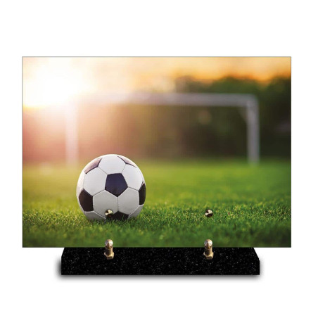 Plaque funéraire rectangle ballon de foot sur un terrain (29x21cm)