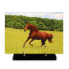 Plaque funéraire rectangle cheval brun galopant dans un herbage verdoyant (29x21cm)