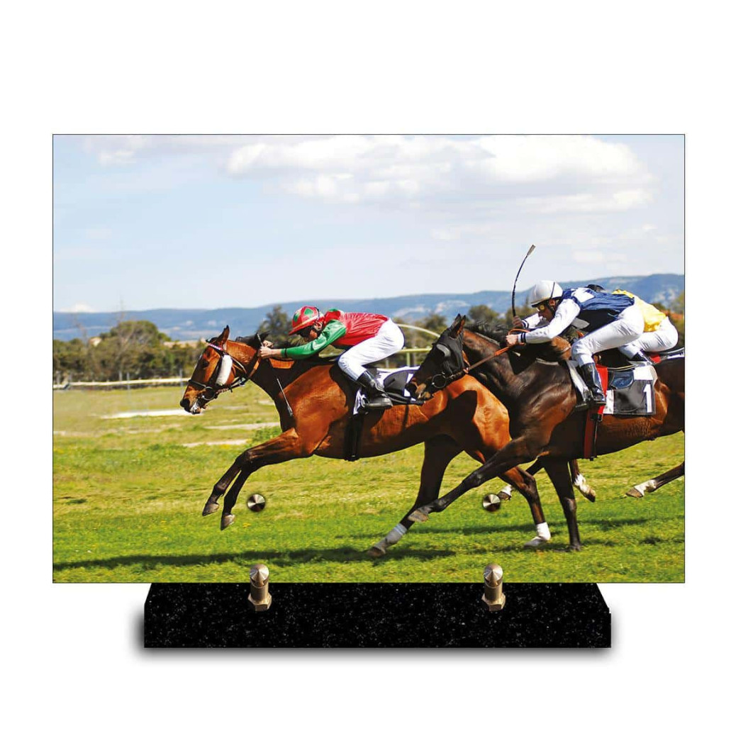 Plaque funéraire rectangle course hippique (29x21cm)