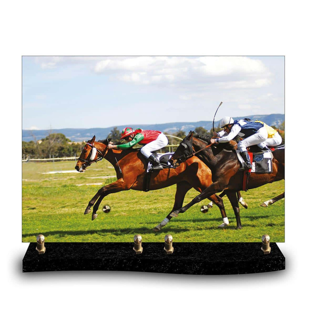 Plaque funéraire rectangle course hippique (34x24cm)