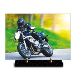 Plaque funéraire cadre photo de motard dans un virage (29x21cm)