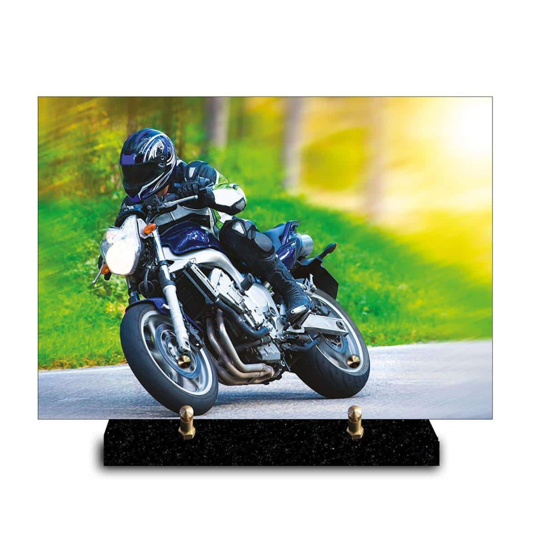 Plaque funéraire cadre photo de motard dans un virage (29x21cm)