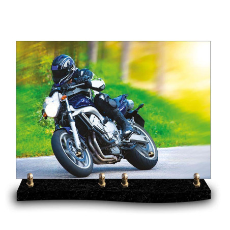 Plaque funéraire cadre photo de motard dans un virage (34x24cm)