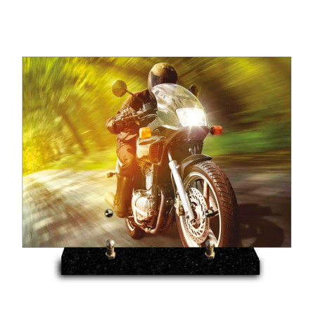 Plaque funéraire cadre photo d'un motard sur la route (29x21cm)