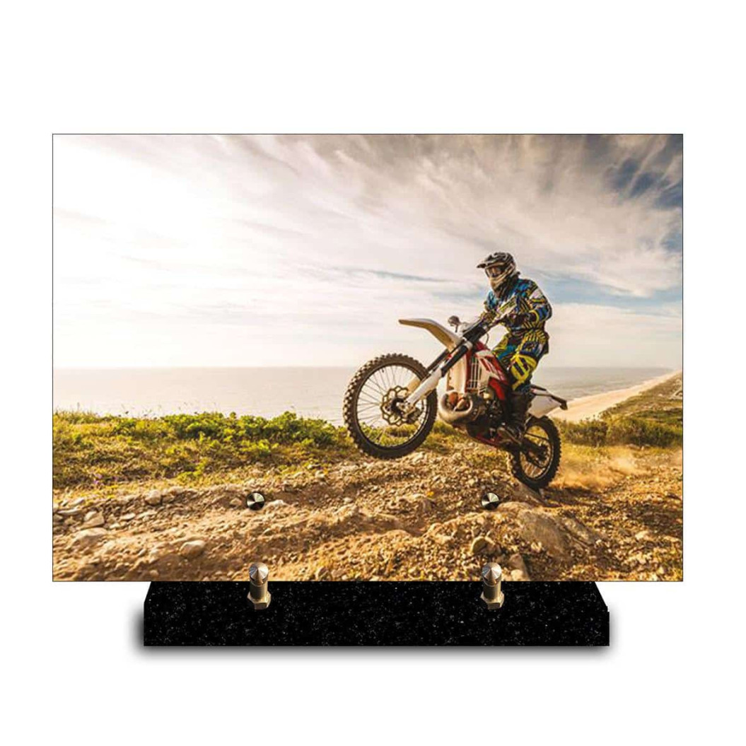 Plaque funéraire rectangle photo d'une moto de cross (29x21cm)