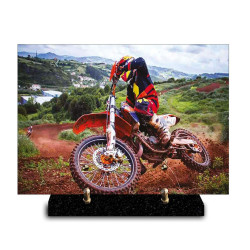 Plaque funéraire moto cross et son pilote en pleine action (29x21cm)