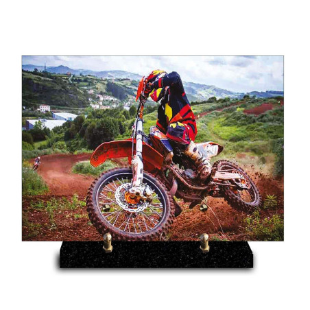 Plaque funéraire moto cross et son pilote en pleine action (29x21cm)