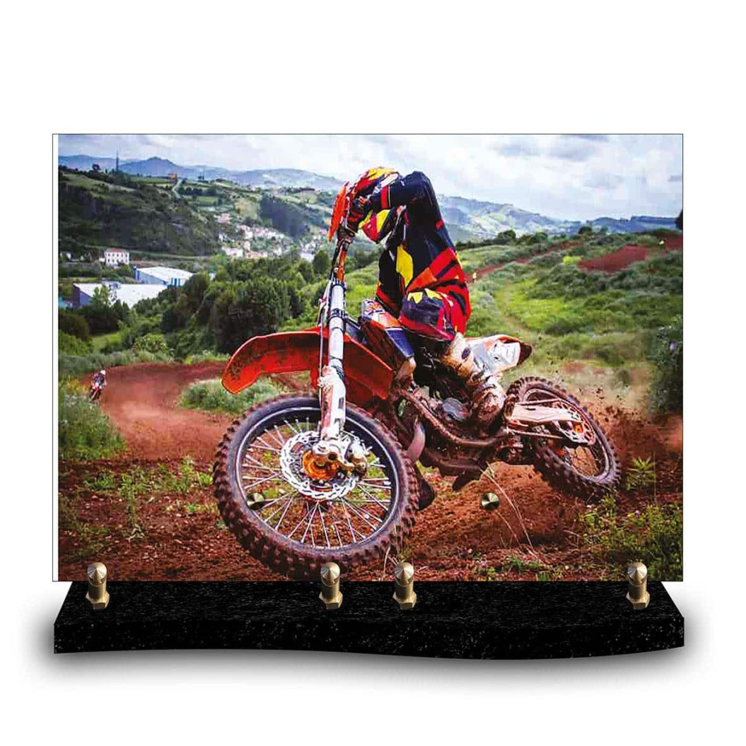 Plaque funéraire moto cross et son pilote en pleine action (34x24cm)