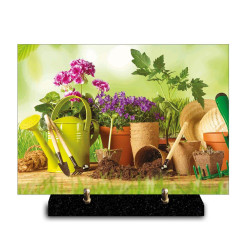Plaque funéraire outils de jardinage et plantes (29x21cm)