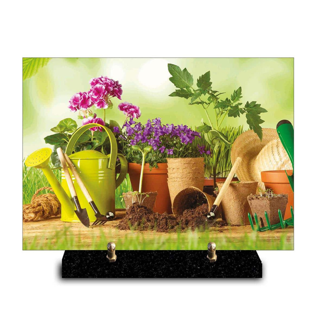 Plaque funéraire outils de jardinage et plantes (29x21cm)