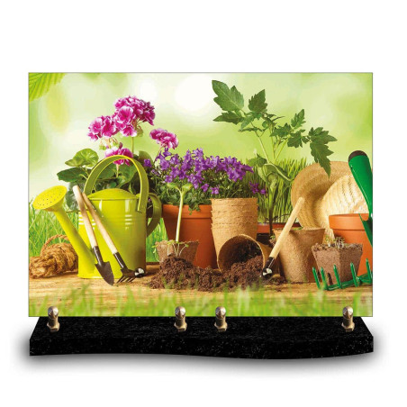 Plaque funéraire outils de jardinage et plantes (34x24cm)