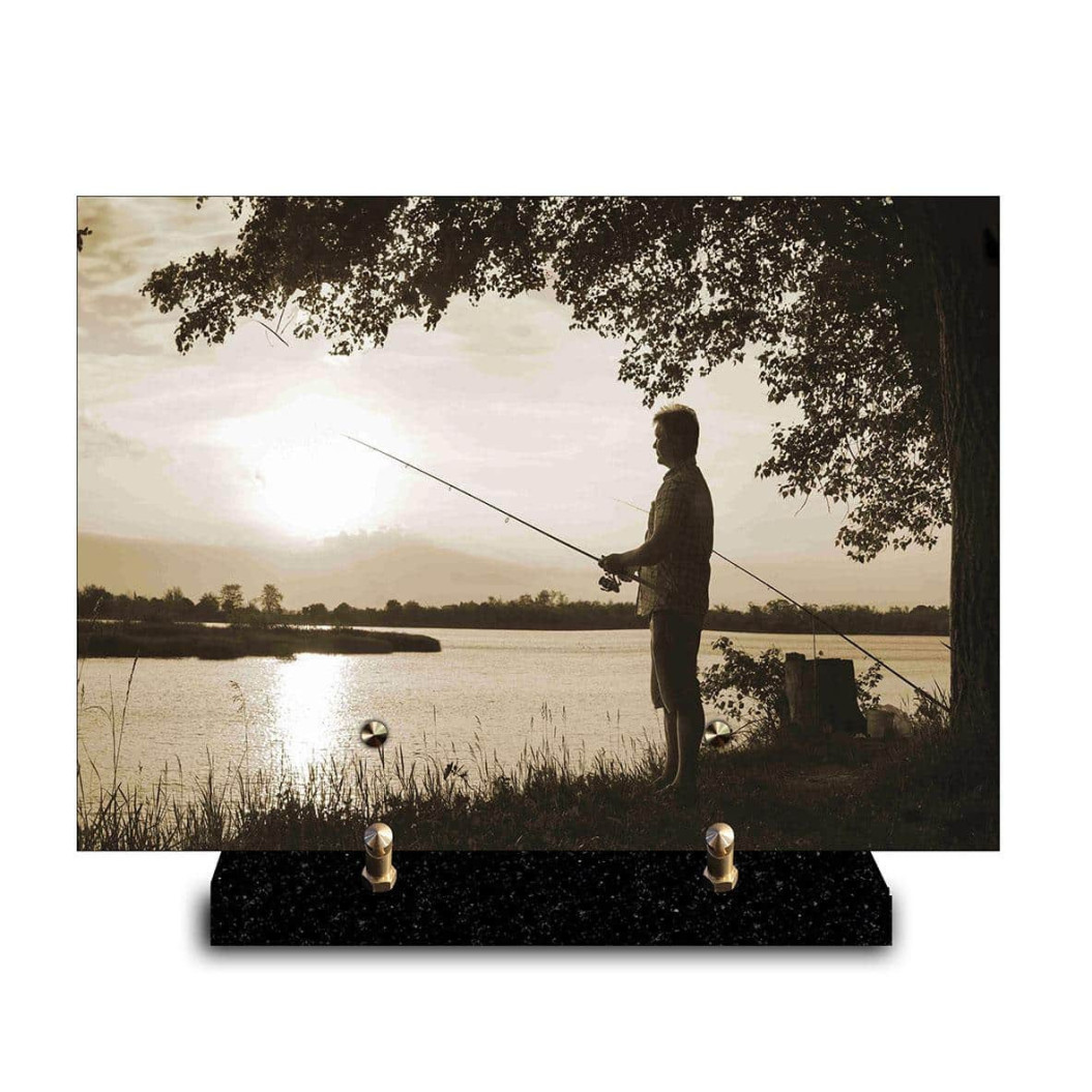 Plaque funéraire photo d'un pêcheur sur le lac (29x21cm)