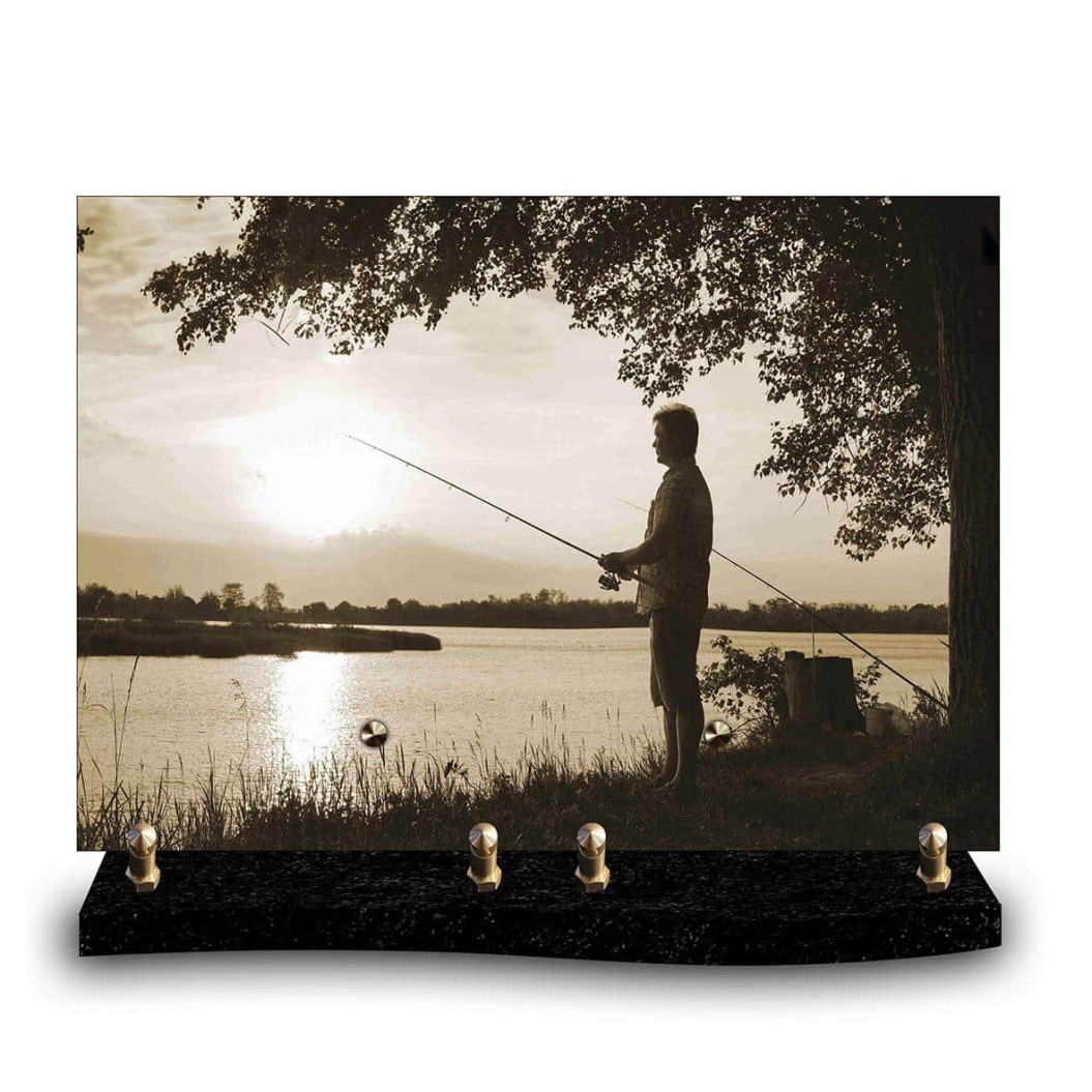 Plaque funéraire photo d'un pêcheur sur le lac (34x24cm)