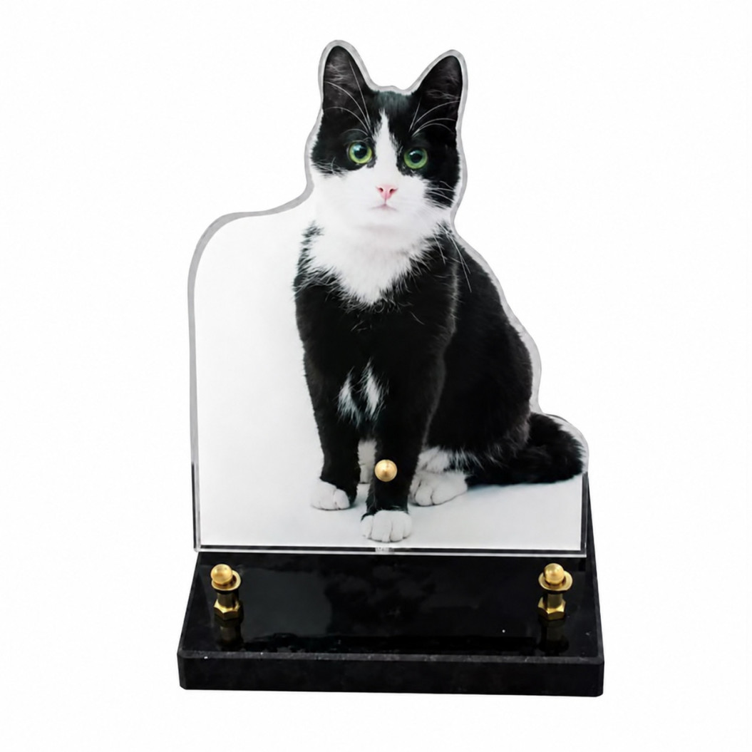 Plaque Funéraire découpée en forme de chat noir et blanc (21x16cm)