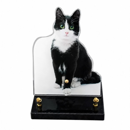 Plaque Funéraire découpée en forme de chat noir et blanc (21x16cm)