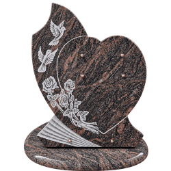 Plaque funéraire Cœur en granit Himalaya avec bouquet de roses et couple de colombes