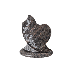 Plaque funéraire Cœur en granit Himalaya avec bouquet de roses et couple de colombes