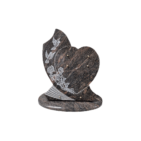 Plaque funéraire Cœur en granit Himalaya avec bouquet de roses et couple de colombes