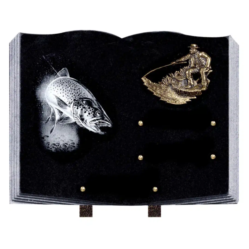 Plaque Funéraire en forme de livre thème pêche & nature